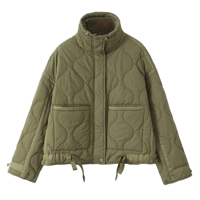 Pamukasti presiven kaput s stojećim ovratnikom, punjenje poliester-pamučno, dugi rukavi, labavi kroj, zatvaranje na zip