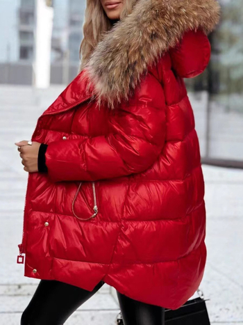 Pamukasti kaput s kragnom od krzna, punjenje od vlakana nalik svili, Snowflake velvet tkanina, glavni materijal: koža koze + elastan, dugi kroj