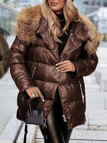 Pamukasti kaput s kragnom od krzna, punjenje od vlakana nalik svili, Snowflake velvet tkanina, glavni materijal: koža koze + elastan, dugi kroj