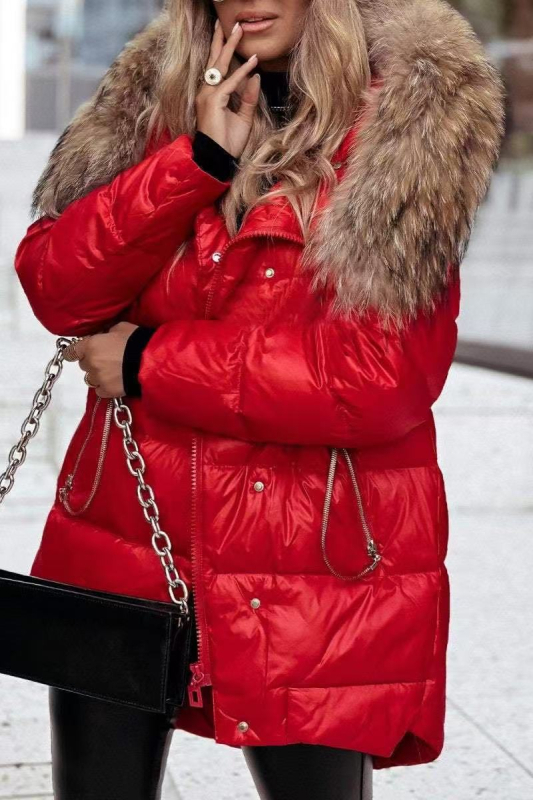 Pamukasti kaput s kragnom od krzna, punjenje od vlakana nalik svili, Snowflake velvet tkanina, glavni materijal: koža koze + elastan, dugi kroj