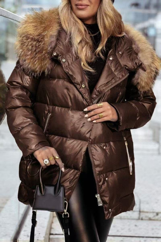 Pamukasti kaput s kragnom od krzna, punjenje od vlakana nalik svili, Snowflake velvet tkanina, glavni materijal: koža koze + elastan, dugi kroj