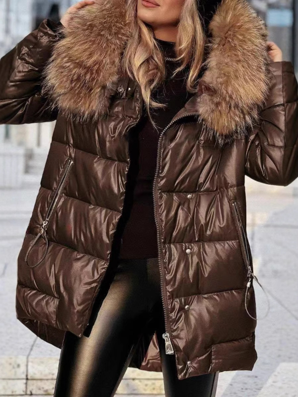 Pamukasti kaput s kragnom od krzna, punjenje od vlakana nalik svili, Snowflake velvet tkanina, glavni materijal: koža koze + elastan, dugi kroj