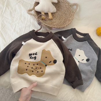 Dječji pulover, 95% pamuk, debeli pleteni, crtani motiv, okrugli ovratnik, dugi rukavi