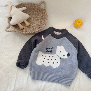 Dječji pulover, 95% pamuk, debeli pleteni, crtani motiv, okrugli ovratnik, dugi rukavi