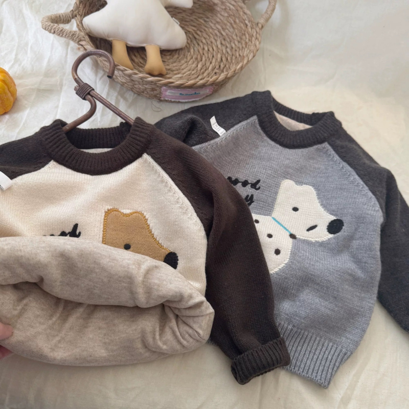 Dječji pulover, 95% pamuk, debeli pleteni, crtani motiv, okrugli ovratnik, dugi rukavi