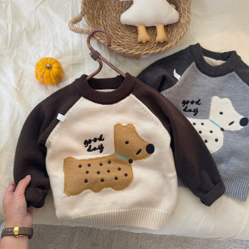 Dječji pulover, 95% pamuk, debeli pleteni, crtani motiv, okrugli ovratnik, dugi rukavi