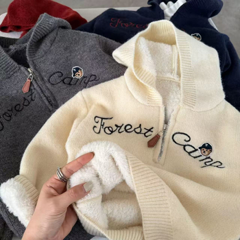 Dječji pleteni džemper s kapuljačom, debeli flis podstava, mekan dodir