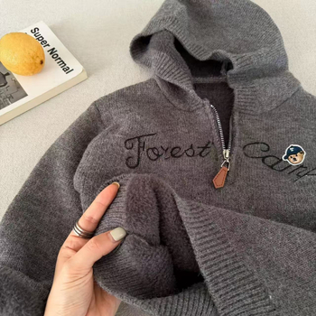 Dječji pleteni džemper s kapuljačom, debeli flis podstava, mekan dodir