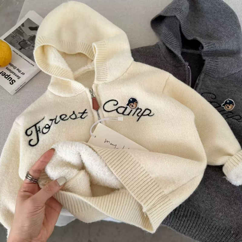 Dječji pleteni džemper s kapuljačom, debeli flis podstava, mekan dodir