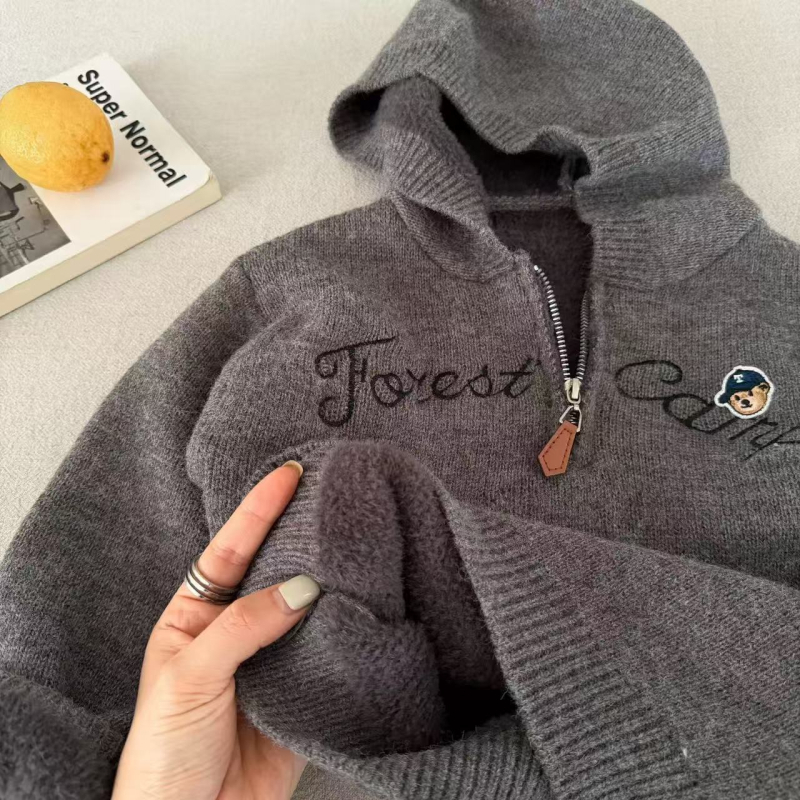 Dječji pleteni džemper s kapuljačom, debeli flis podstava, mekan dodir