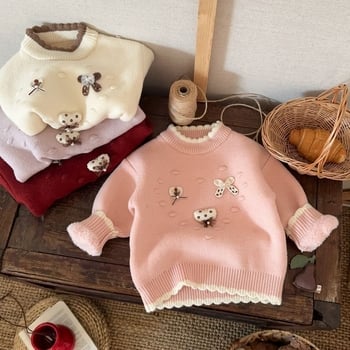 Dječji pleteni džemper s poluotvorenim ovratnikom, debeli materijal od krzna zeca, dugi rukavi