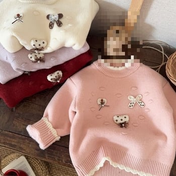 Dječji pleteni džemper s poluotvorenim ovratnikom, debeli materijal od krzna zeca, dugi rukavi