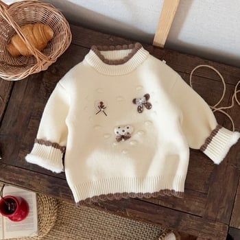 Dječji pleteni džemper s poluotvorenim ovratnikom, debeli materijal od krzna zeca, dugi rukavi