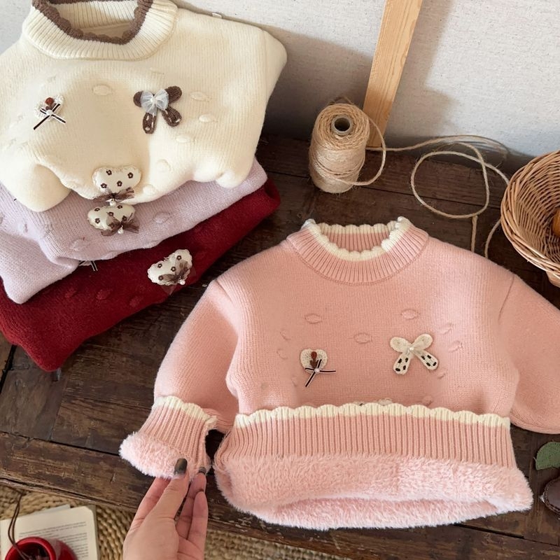 Dječji pleteni džemper s poluotvorenim ovratnikom, debeli materijal od krzna zeca, dugi rukavi