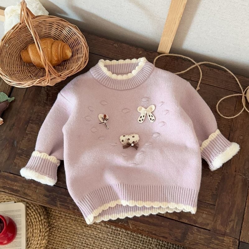 Dječji pleteni džemper s poluotvorenim ovratnikom, debeli materijal od krzna zeca, dugi rukavi