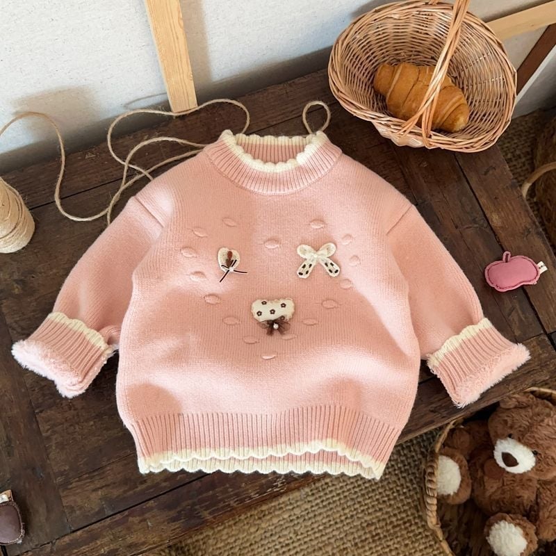 Dječji pleteni džemper s poluotvorenim ovratnikom, debeli materijal od krzna zeca, dugi rukavi