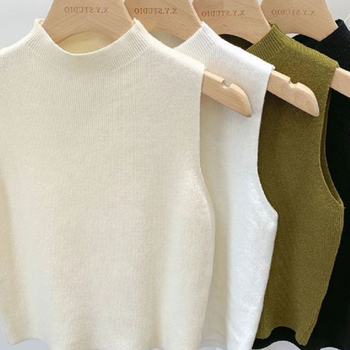 Γυναικεῖο πλεκτό γιλέκο χωρίς μανίκια με μισουψηλό γιακά, κοντό μήκος, ύφασμα βισκόζη (<30% κύριου περιεχομένου), υψηλή ελαστικότητα, σταθεροί ιμάντες ώμων