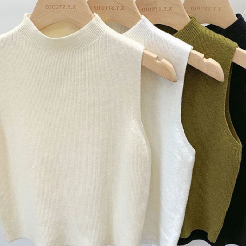 Γυναικεῖο πλεκτό γιλέκο χωρίς μανίκια με μισουψηλό γιακά, κοντό μήκος, ύφασμα βισκόζη (<30% κύριου περιεχομένου), υψηλή ελαστικότητα, σταθεροί ιμάντες ώμων