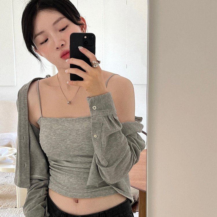 Камизола в корейски стил с презрамка и едно рамо, с подложка за бюст, 90–95% памук, средна плътност на тъканта 181–200 g/m²