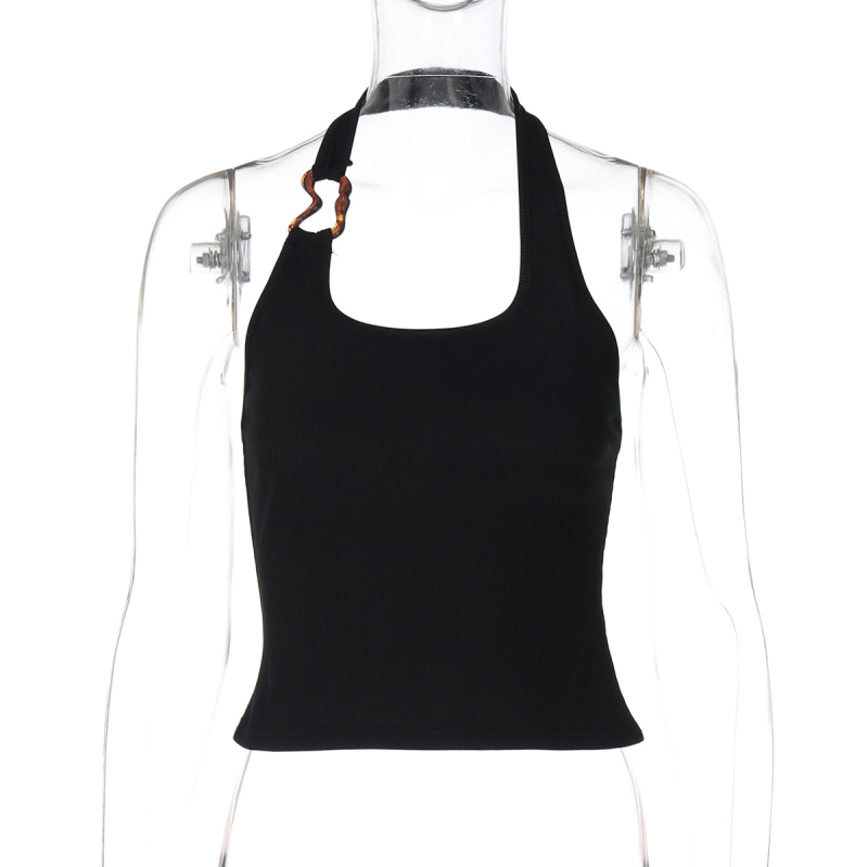 Halter top bez leđa, uski kroj, kratka duljina 40–50 cm, poliester 90–95% + elastan <30%