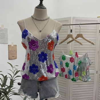 Camisola s cvjetnim šljokicama, V izrez, bez rukava, kratka silueta, poliester, mikroelastičan, 9092