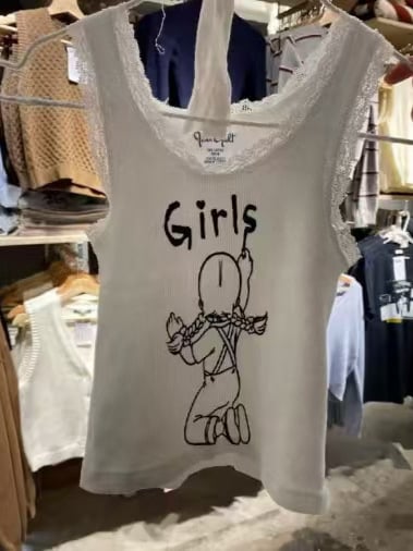 Tank top s čipkom i printom anime/cartoons, pamuk, slim fit, kratkog kroja