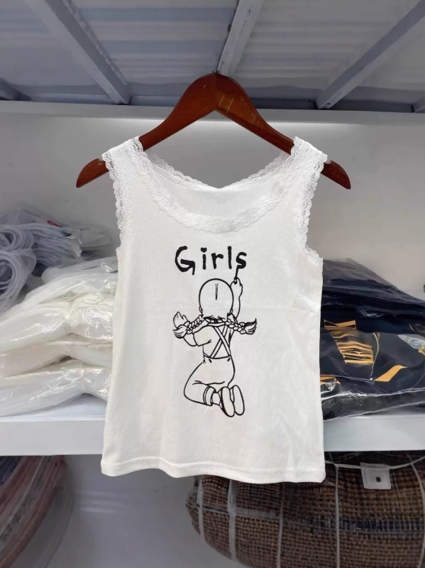 Tank top s čipkom i printom anime/cartoons, pamuk, slim fit, kratkog kroja