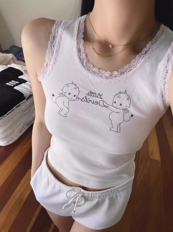 Tank top s čipkom i printom anime/cartoons, pamuk, slim fit, kratkog kroja