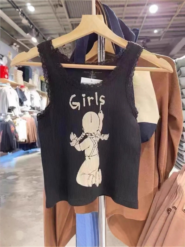 Tank top s čipkom i printom anime/cartoons, pamuk, slim fit, kratkog kroja