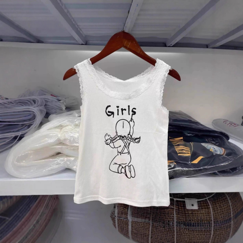 Tank top s čipkom i printom anime/cartoons, pamuk, slim fit, kratkog kroja