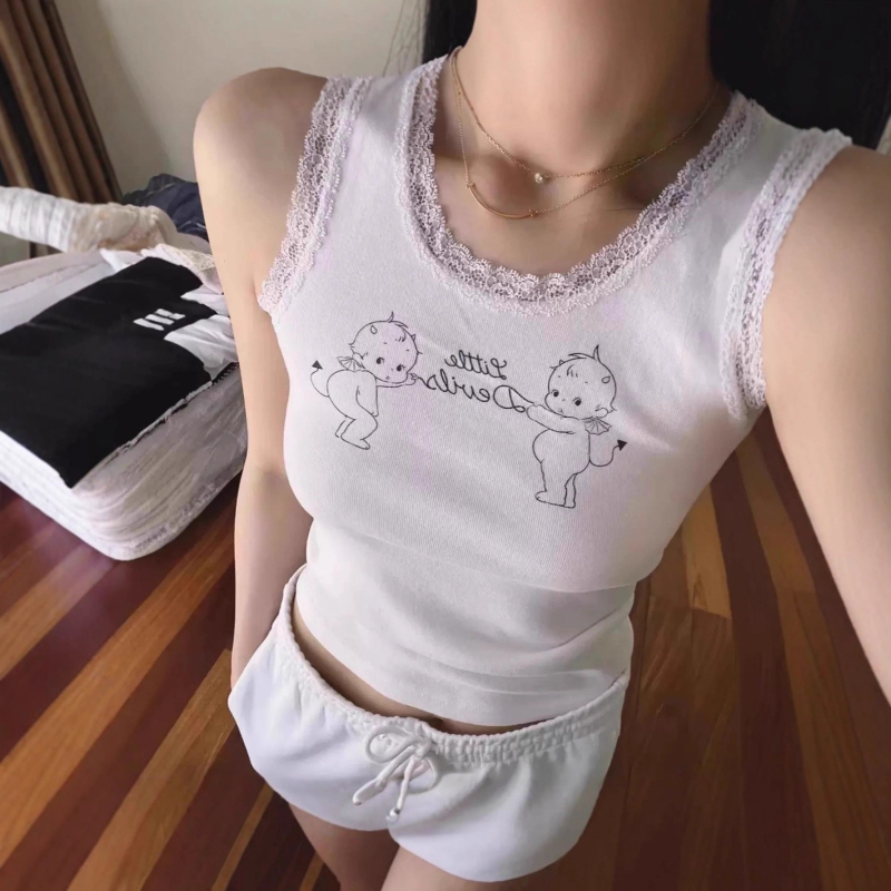 Tank top s čipkom i printom anime/cartoons, pamuk, slim fit, kratkog kroja