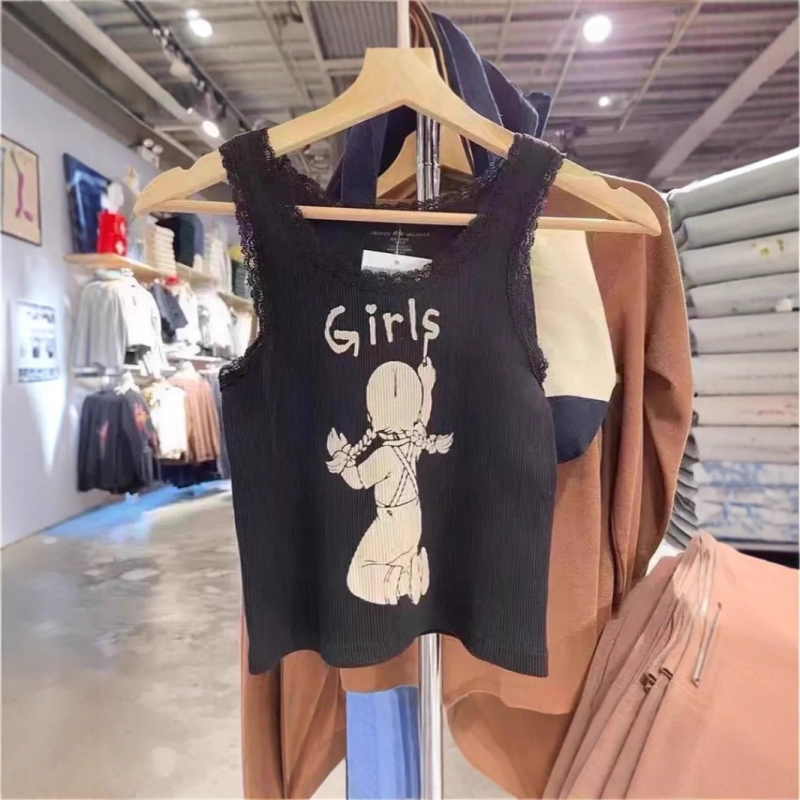 Tank top s čipkom i printom anime/cartoons, pamuk, slim fit, kratkog kroja