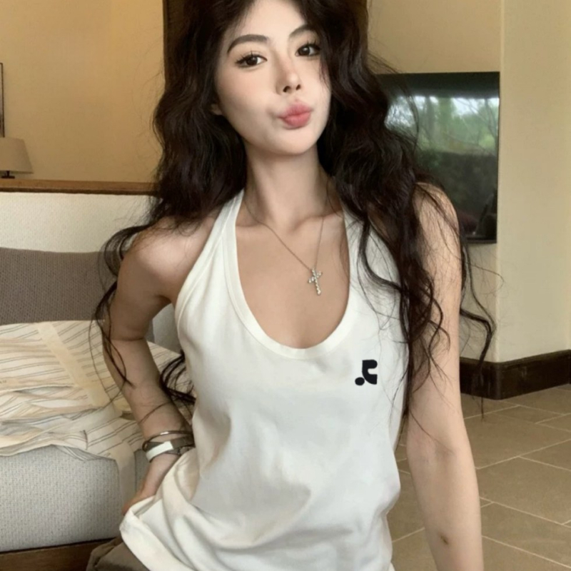 Halter cami top su RR spauda, 95% medvilnė, Slim fit, Casual stilius