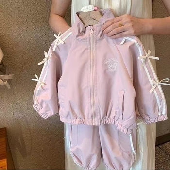 Dječji dvodjelni set u korejskom stilu za proljeće i jesen, jakna s mašnicom i hlače, crtani uzorak, mekan završetak, pamuk 40%