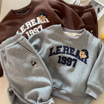 Dječji dvodijelni set od debelog flisa s motivom medvjeda: pulover s dugim rukavima i hlače, bez kapucje, mekana pamuk smjesa