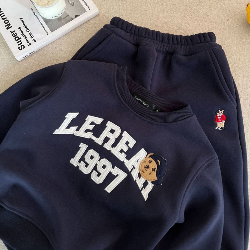 Dječji dvodijelni set od debelog flisa s motivom medvjeda: pulover s dugim rukavima i hlače, bez kapucje, mekana pamuk smjesa