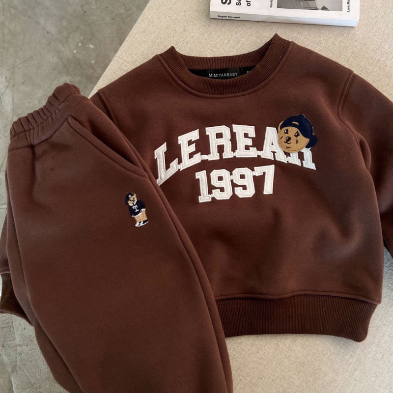 Dječji dvodijelni set od debelog flisa s motivom medvjeda: pulover s dugim rukavima i hlače, bez kapucje, mekana pamuk smjesa