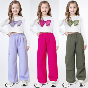 Dvodijelni set za djevojčice: top s dugim rukavima i cargo hlače, jesen 2025, glavni materijal 80% poliester