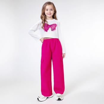 Dvodijelni set za djevojčice: top s dugim rukavima i cargo hlače, jesen 2025, glavni materijal 80% poliester