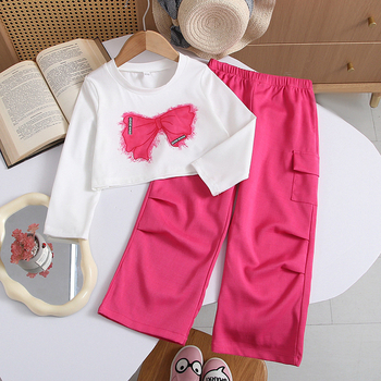 Dvodijelni set za djevojčice: top s dugim rukavima i cargo hlače, jesen 2025, glavni materijal 80% poliester