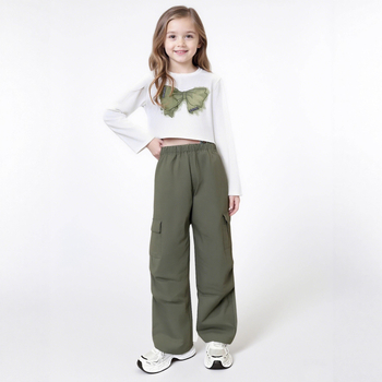 Dvodijelni set za djevojčice: top s dugim rukavima i cargo hlače, jesen 2025, glavni materijal 80% poliester