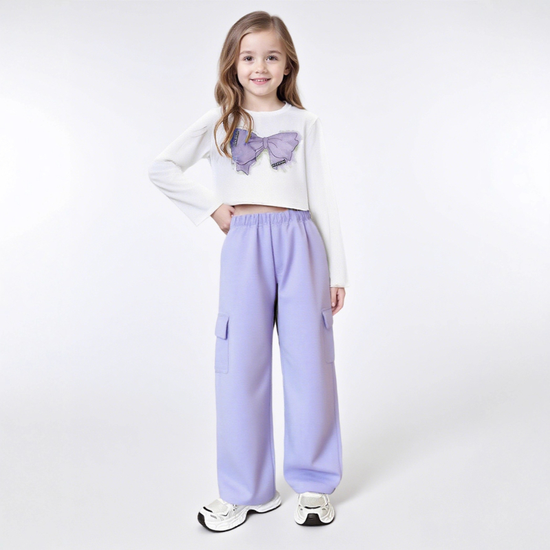 Dvodijelni set za djevojčice: top s dugim rukavima i cargo hlače, jesen 2025, glavni materijal 80% poliester