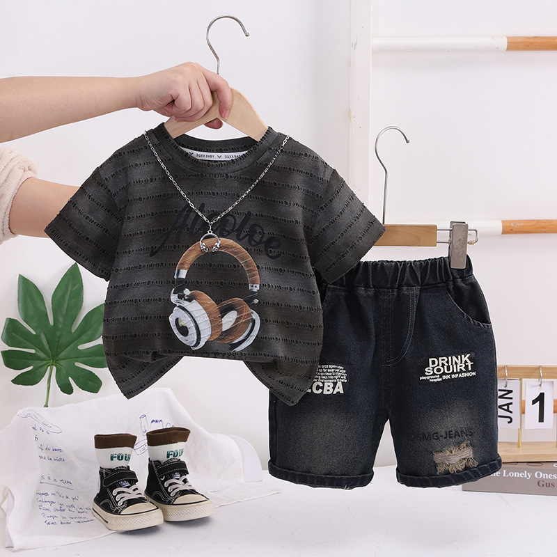 Dječji ljetni dvodijelni komplet, pamuk 90%, kratka rukava gornji dio i šorcevi, pulover, korejski stil, za uzrast 1–3 godine