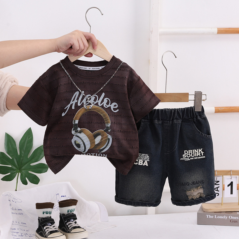 Dječji ljetni dvodijelni komplet, pamuk 90%, kratka rukava gornji dio i šorcevi, pulover, korejski stil, za uzrast 1–3 godine