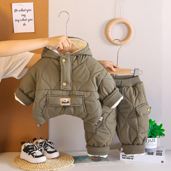 Dječji zimski trodjelni komplet za dječake s kapuljom, fleece podstavom i debelom mješavinom pamuka i poliestera