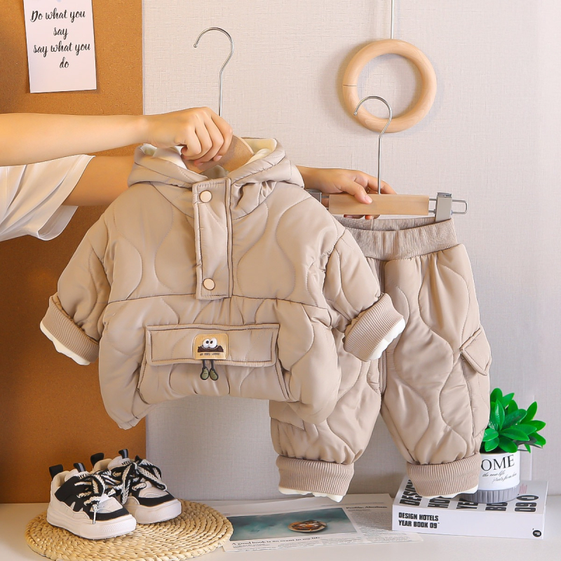Dječji zimski trodjelni komplet za dječake s kapuljom, fleece podstavom i debelom mješavinom pamuka i poliestera