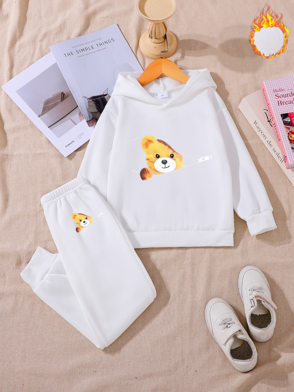 Két darabos gyerekruha szett lányoknak: kapucnis pulóver és nadrág, hosszú ujjak, poliészter anyag, kényelmes stílus, tavasz–ősz