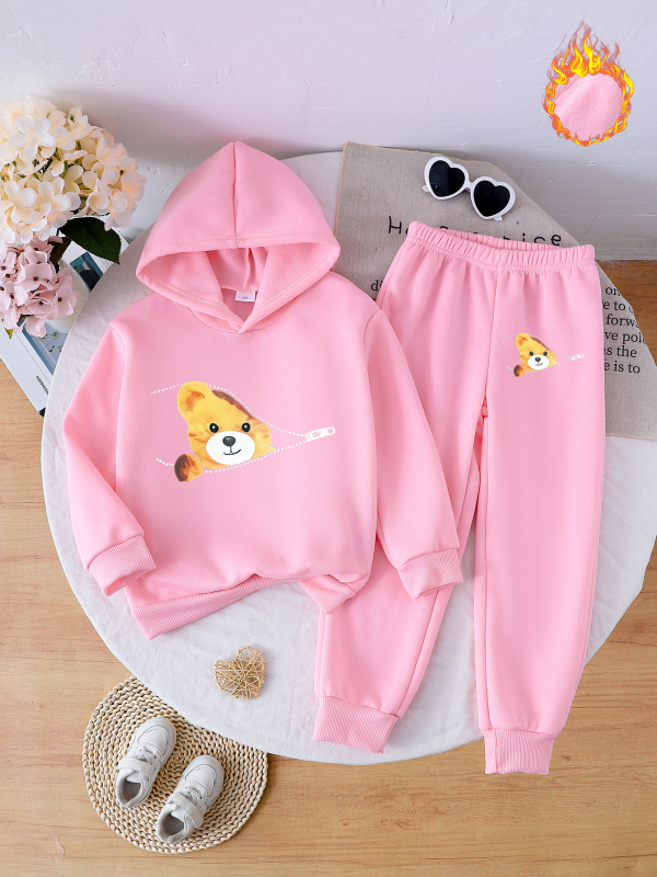 Két darabos gyerekruha szett lányoknak: kapucnis pulóver és nadrág, hosszú ujjak, poliészter anyag, kényelmes stílus, tavasz–ősz