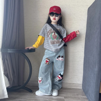 Djevojčice jesenji dvodijelni set od denima sa širokim hlačama i puloverom s dugim rukavima