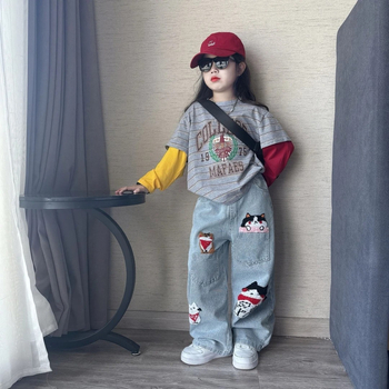 Djevojčice jesenji dvodijelni set od denima sa širokim hlačama i puloverom s dugim rukavima